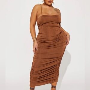 Fashion Nova Chocolate Brown Ruched Spaghetti-Strap Midi Dress